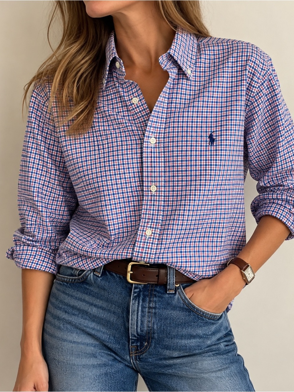 Polo Ralph Lauren Check Plaid Button Down Shirt Blue Red Non Iron Mens S